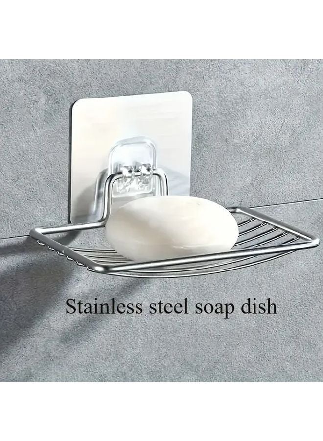 Stainless Steel Soap Holder Silvery Self Adhesive Wall Mounted Bathroom Storage Box With Drain Holes - Image 3